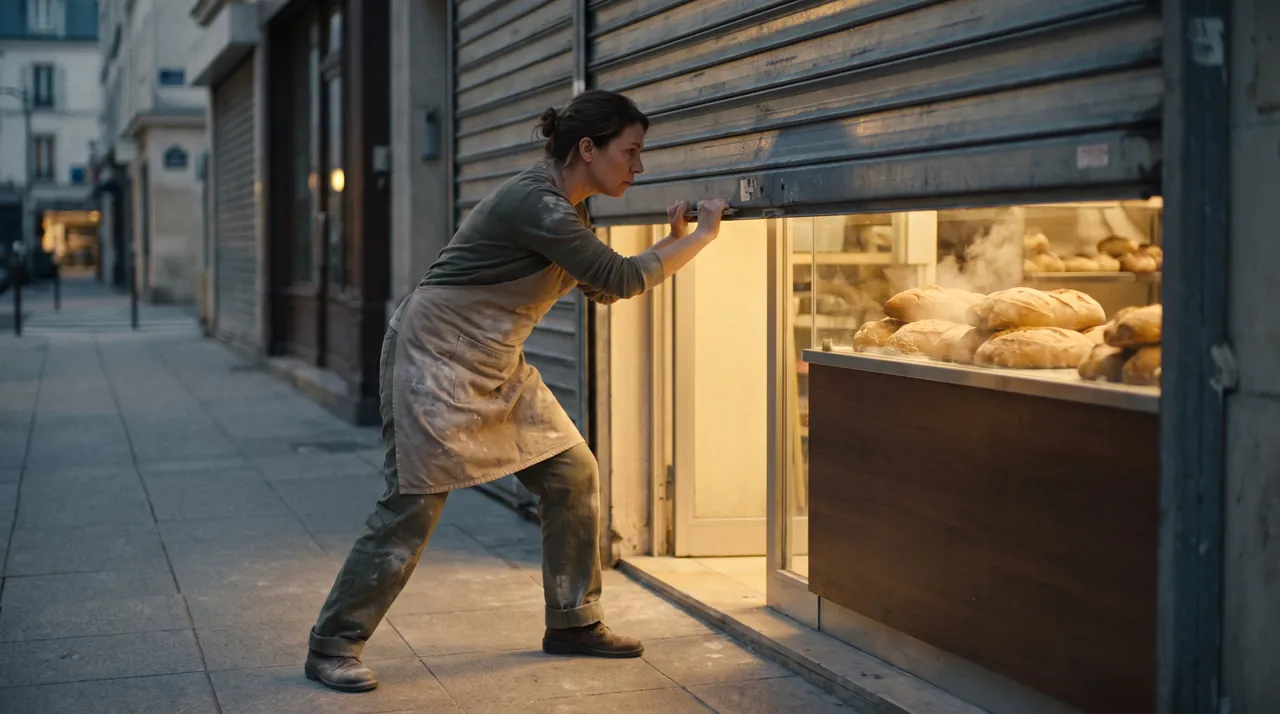 At dawn, a baker rolls up the shutter of her bakery as warm light and steam spill onto the street