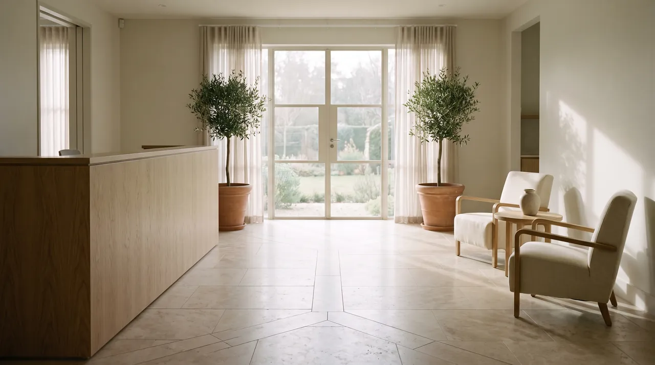 Warm, light-filled clinic reception with an oak desk, linen armchairs and olive trees