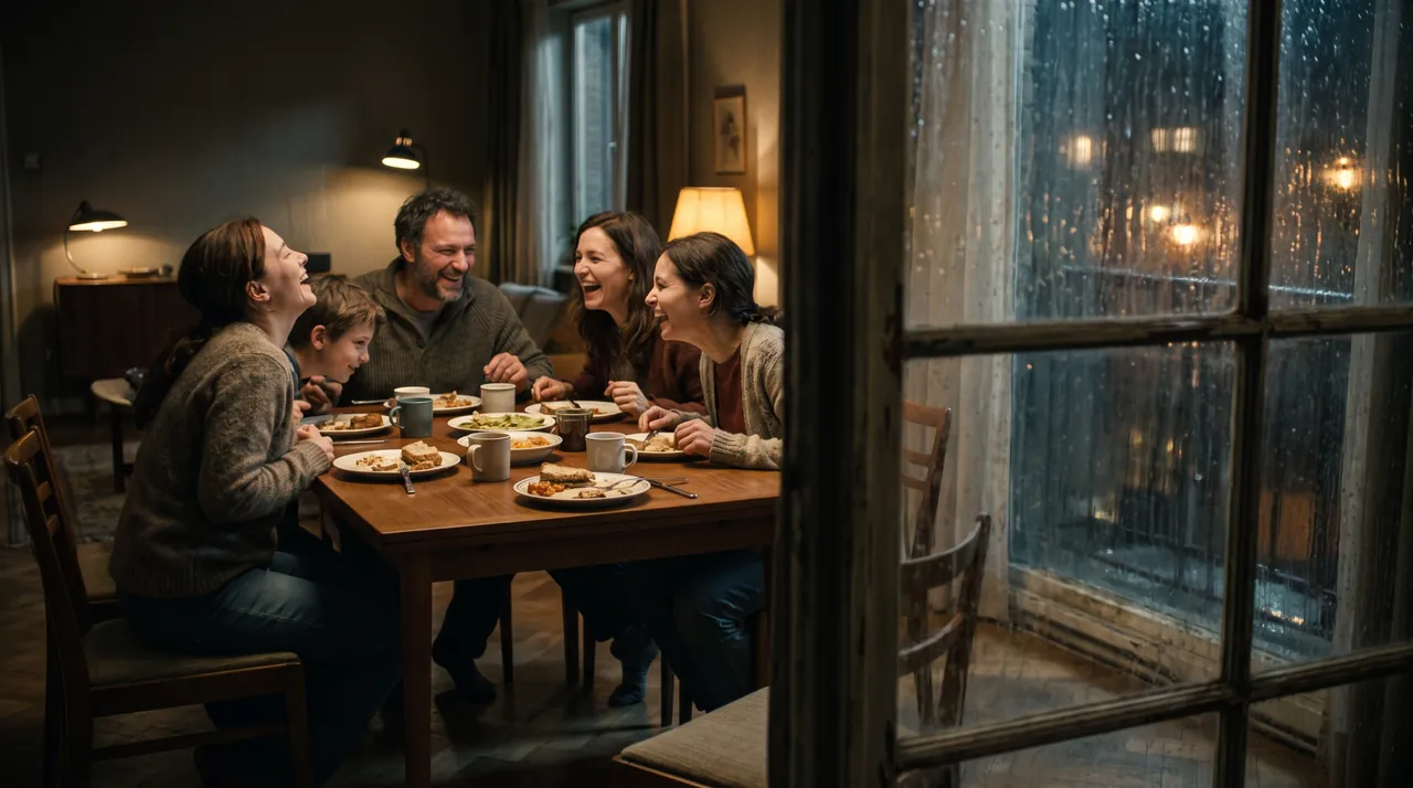 A family laughing at a warmly lit dinner table while monsoon rain streaks the window