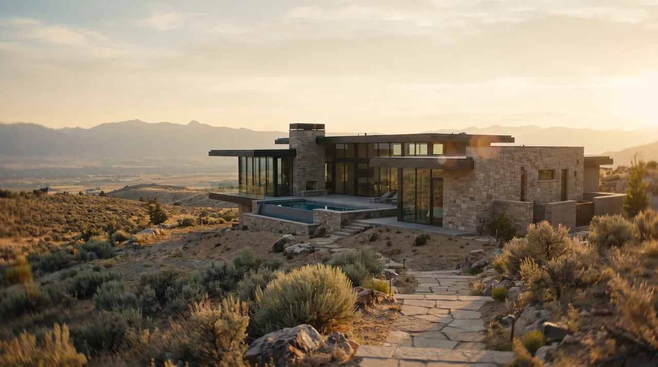 Stone and glass residence on a dry hillside at golden hour, with a terrace pool and a hazy valley behind
