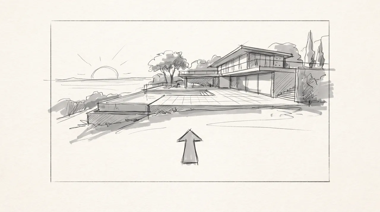 A pencil storyboard of a hillside house: the shot, planned before anything is made