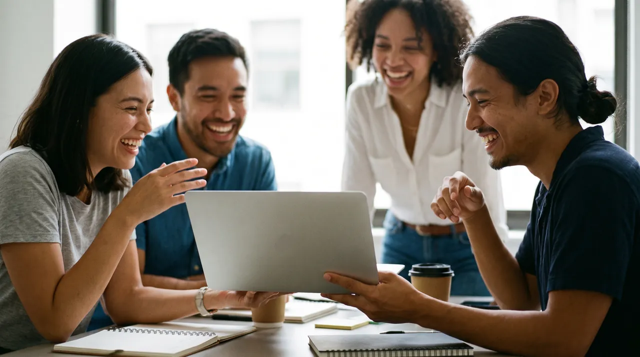 A small product team laughing around a laptop in a sunlit loft office